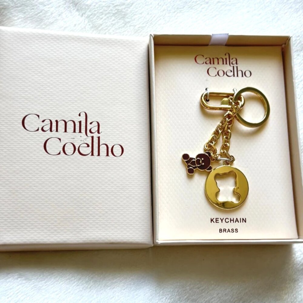 Camila Coelho Brass Teddy Bear Keychain Bag Charm Gold Enamel NIB